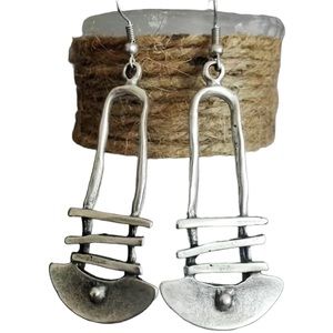 Boho Vintage Stairs Half Circle Geometric Drop Silver Earrings